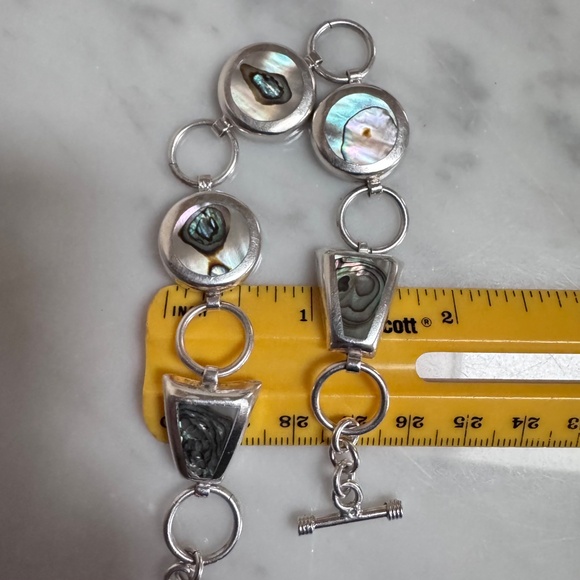 925 Sterling Silver Round & Trapezoid Shape Abalone Chain Link Toggle Bracelet - Picture 11 of 13